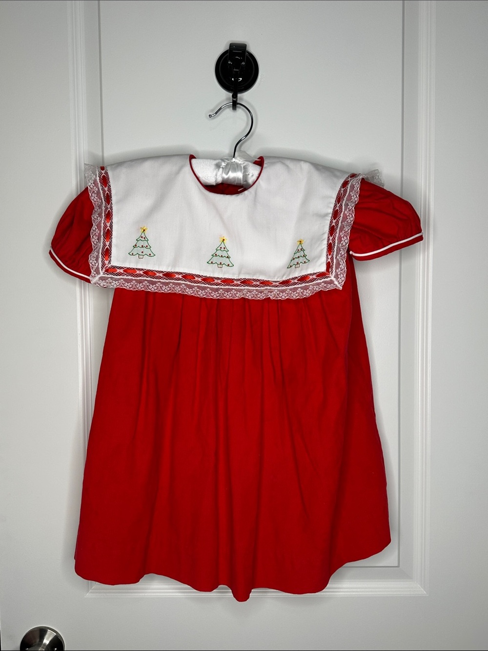 Red Girls' Holiday Dress with hand Embroidered Trees